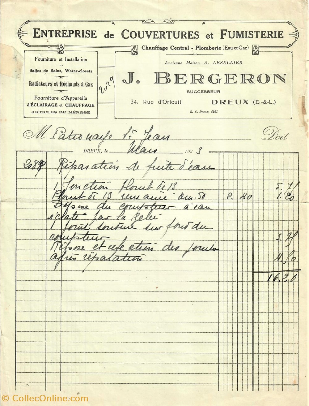 Entreprise de Couvertures et Fumisterie J. Bergeron documents anciens factures commerciaux entreprise de couvertures et fumisterie j bergeron