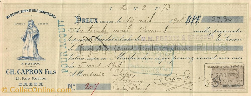 Mandat de la Mercerie Ch. Capron Fils documents anciens factures commerciaux mandat de la mercerie ch capron fils