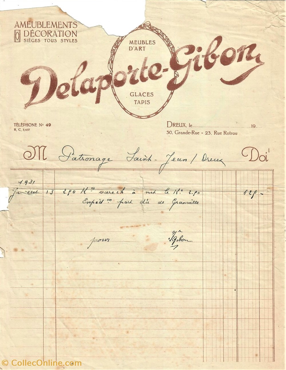 Établissements d'Ameublement et Décoration Delaporte-Gibon documents anciens factures commerciaux etablissements ameublement et decoration delaporte gibon