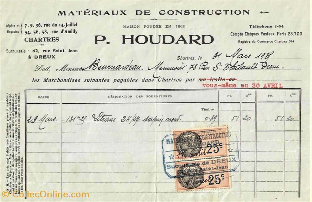 Matériaux de construction P. Houdard documents anciens factures commerciaux materiaux de construction p houdard