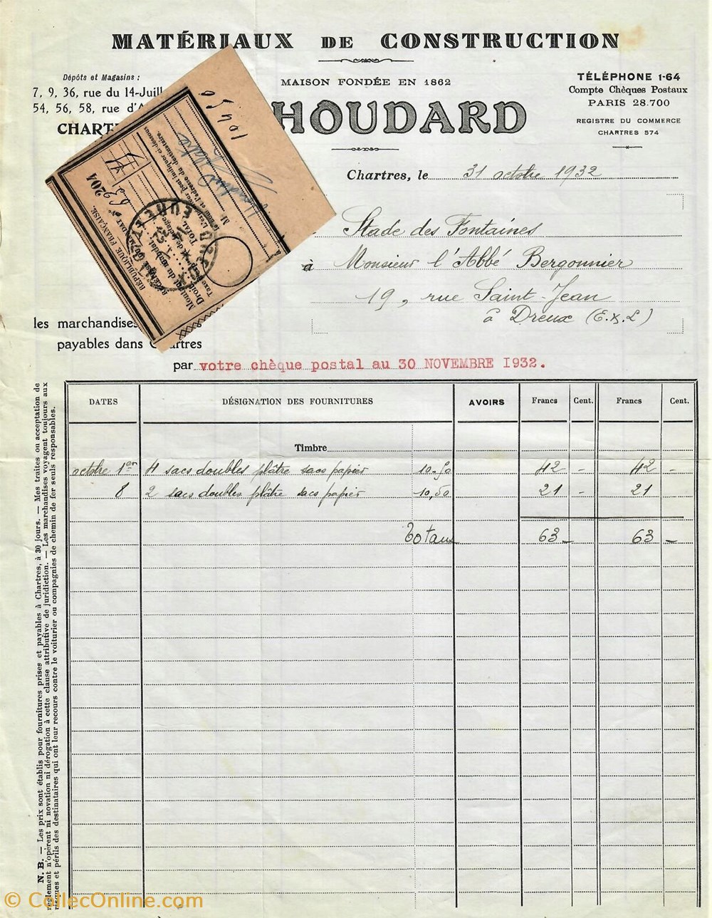 documents anciens factures commerciaux materiaux de construction p houdard