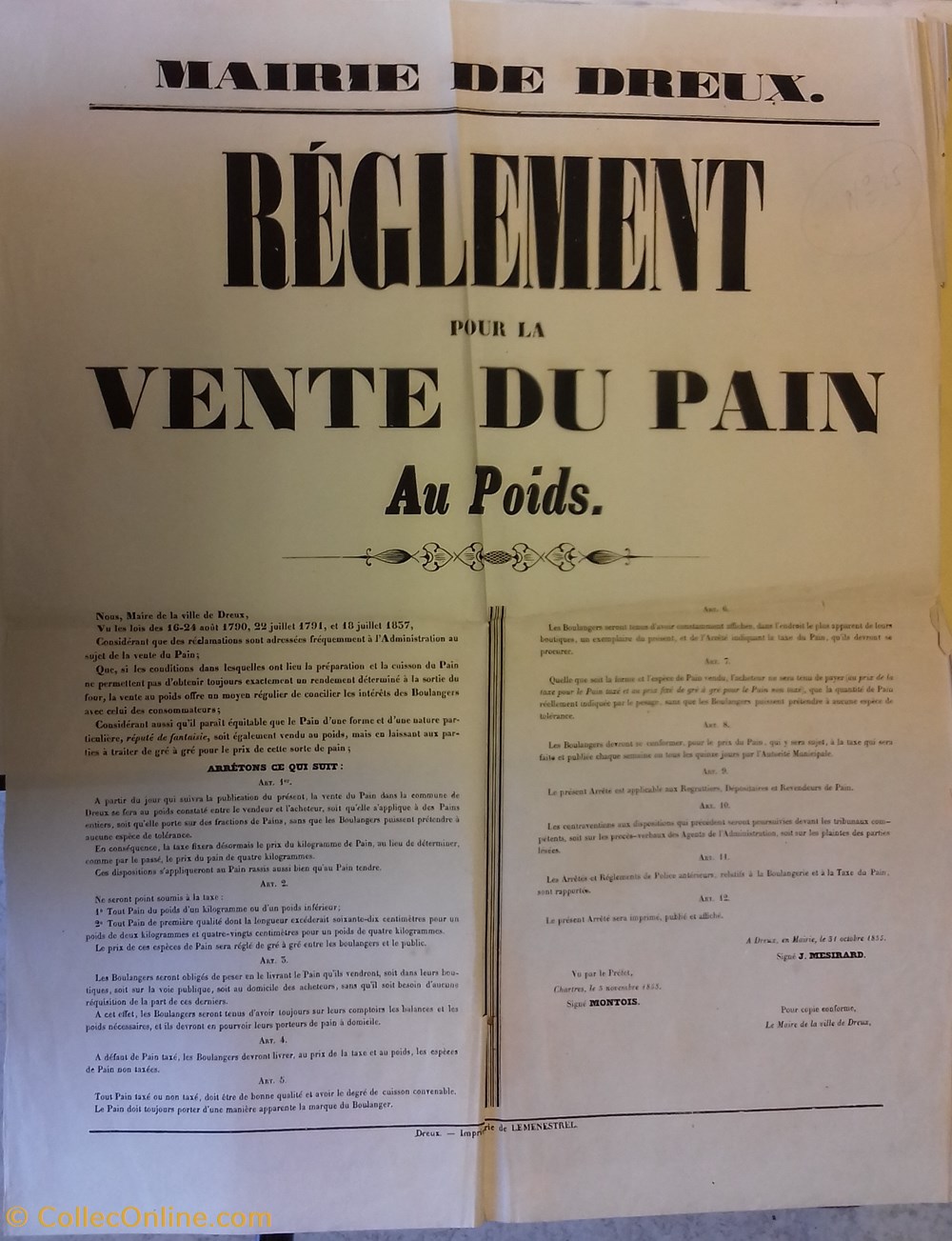 Règlement sur la vente du pain documents anciens affiches institutionnelle reglement sur la vente du pain