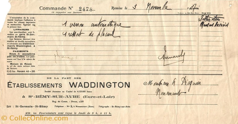 Bon de commande des Établissements Waddington documents anciens factures commerciaux bon de commande des etablissements waddington