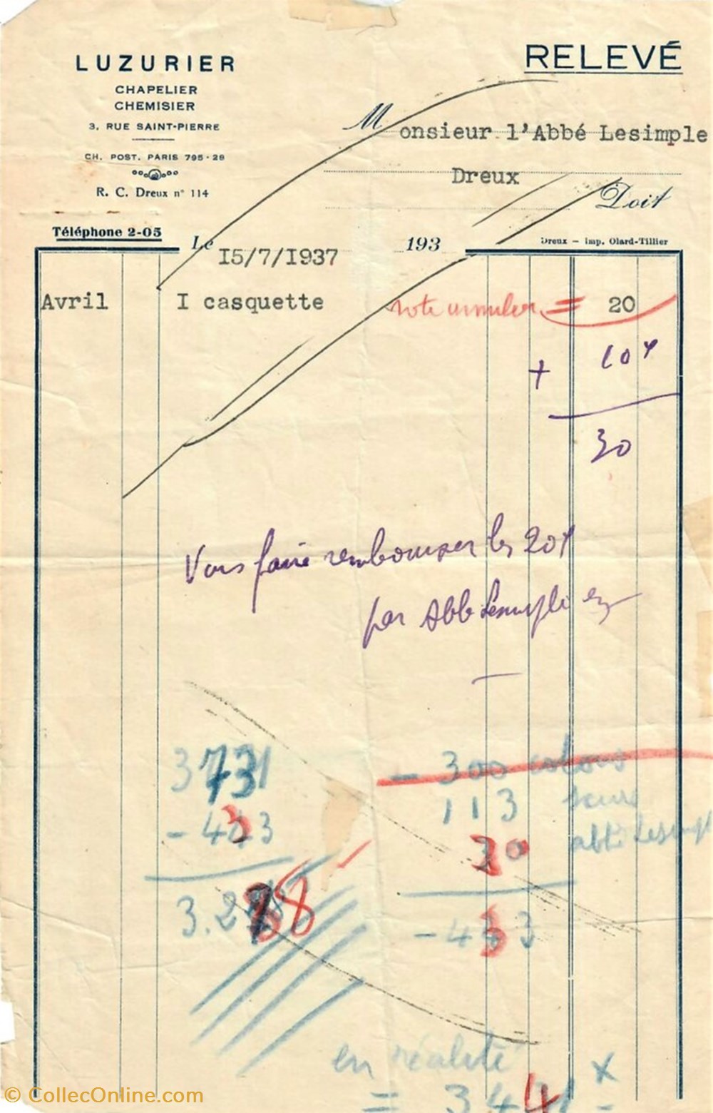 Chapelier - Chemisier Luzurier documents anciens factures commerciaux chapelier chemisier luzurier