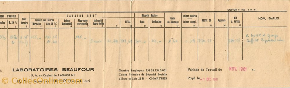 Bulletin de paie Laboratoires Beaufour documents anciens factures commerciaux bulletin de paie laboratoires beaufour