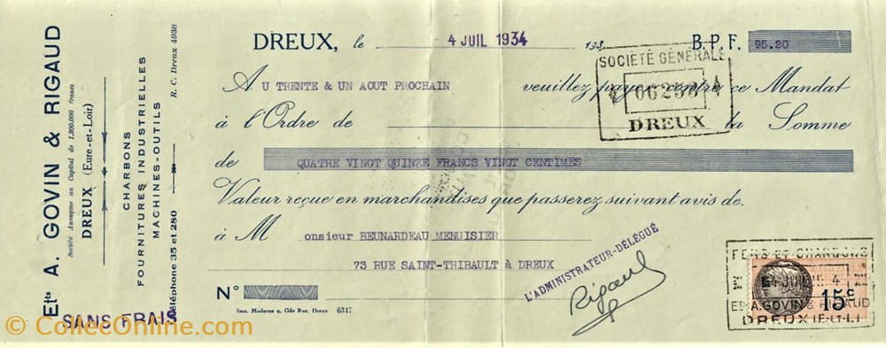 documents anciens factures commerciaux mandat de la quincaillerie a govin