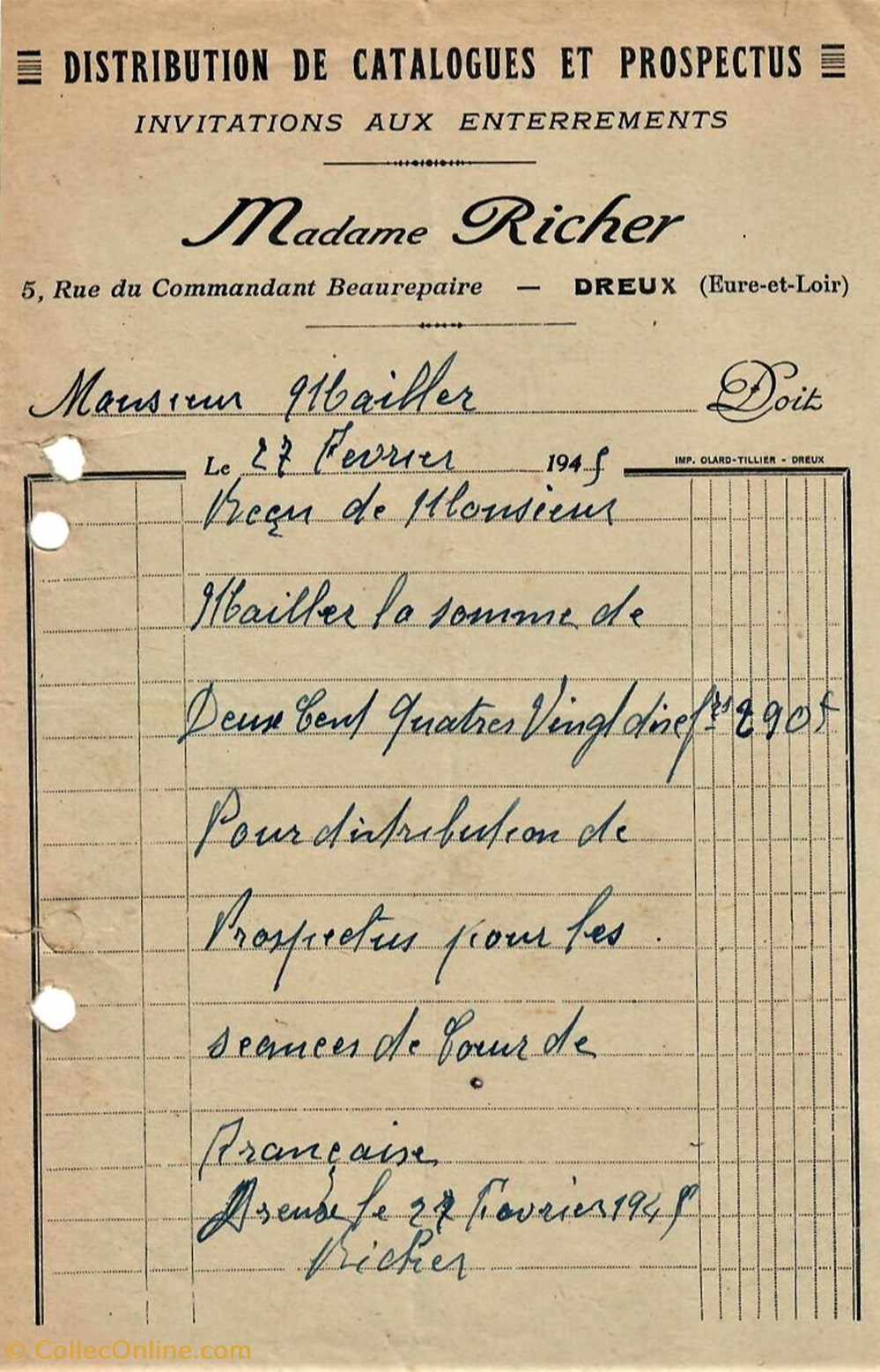 Distribution de Catalogues et Prospectus Madame Richer documents anciens factures commerciaux distribution de catalogues et prospectus madame richer