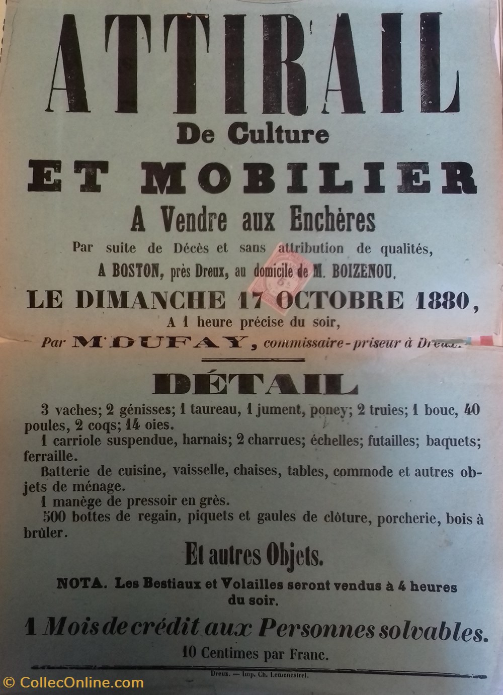 Vente d'attirail de culture et mobilier documents anciens affiches institutionnelle vente attirail de culture et mobilier