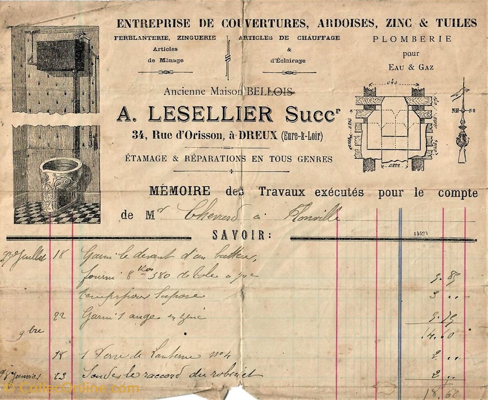 Entreprise de Couvertures, Ardoises, Zinc & Tuiles A. Lesellier documents anciens factures commerciaux entreprise de couvertures ardoises zinc tuiles a lesellier