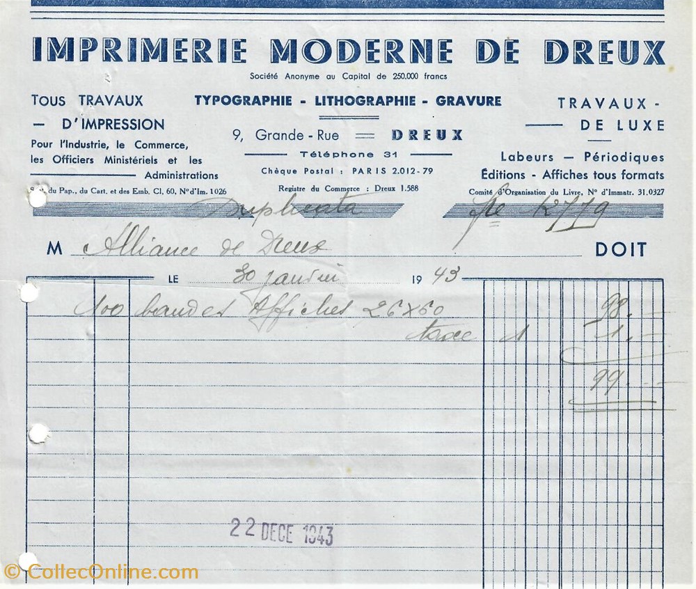Imprimerie Moderne de Dreux documents anciens factures commerciaux imprimerie moderne de dreux