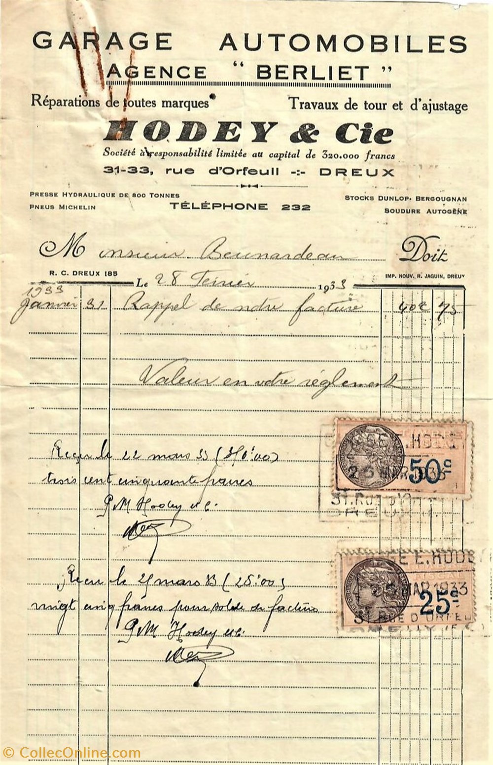 documents anciens factures commerciaux garage hodey cie
