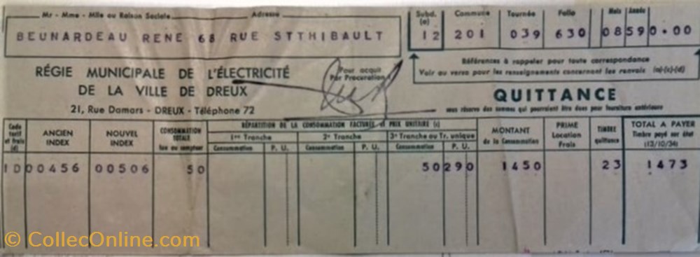 Régie Municipale de l'Électricité de la Ville de Dreux documents anciens factures commerciaux regie municipale de electricite de la ville de dreux