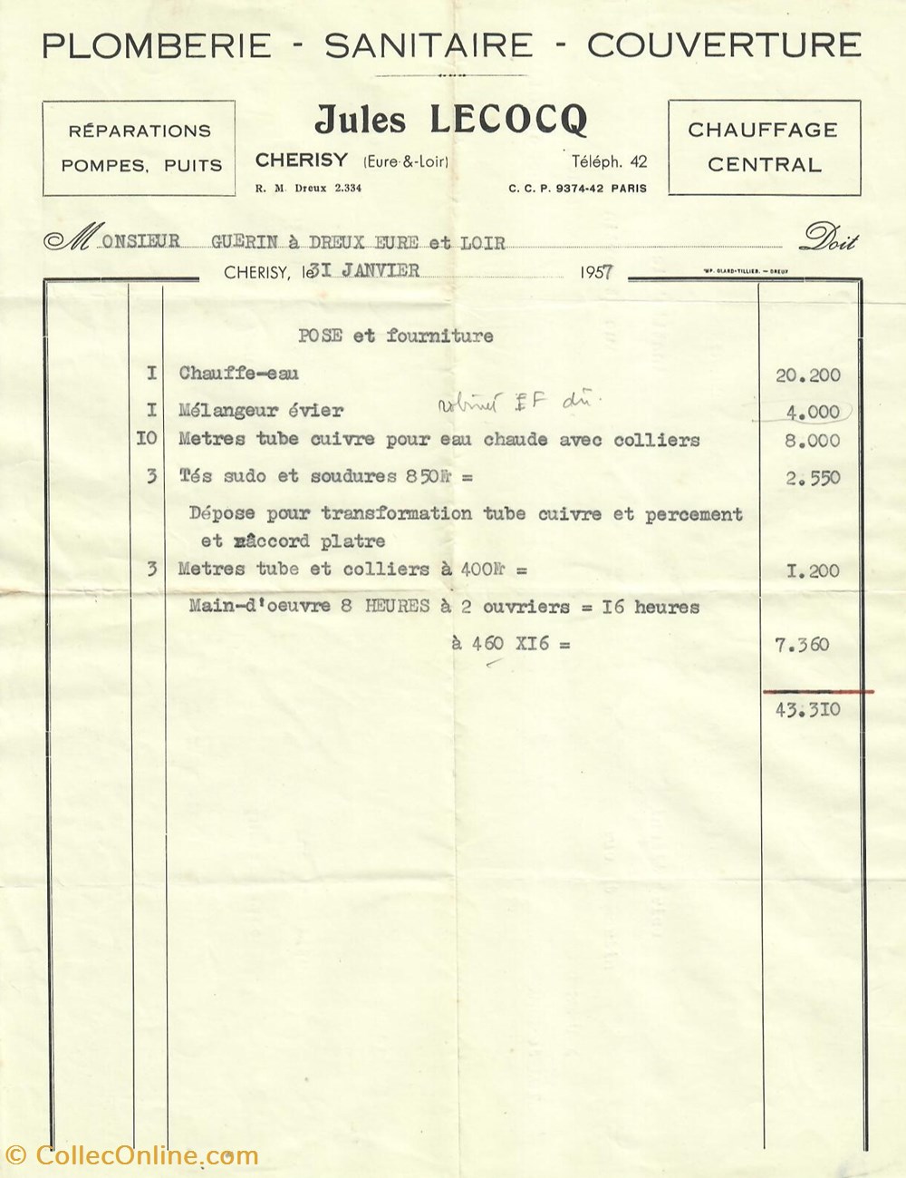 Plomberie Jules Lecocq documents anciens factures commerciaux plomberie jules lecocq