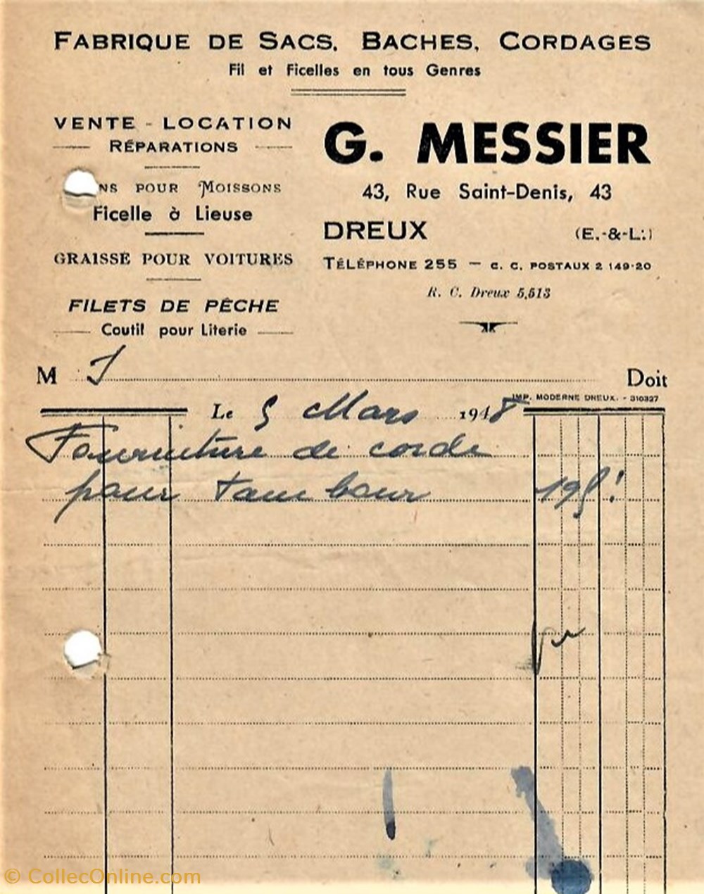 Fabrique de Sacs, Baches, Cordages G. Messier documents anciens factures commerciaux fabrique de sacs baches cordages g messier
