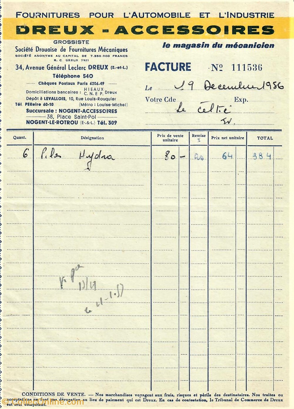 Fournitures mécaniques Dreux-Accessoires documents anciens factures commerciaux fournitures mecaniques dreux accessoires