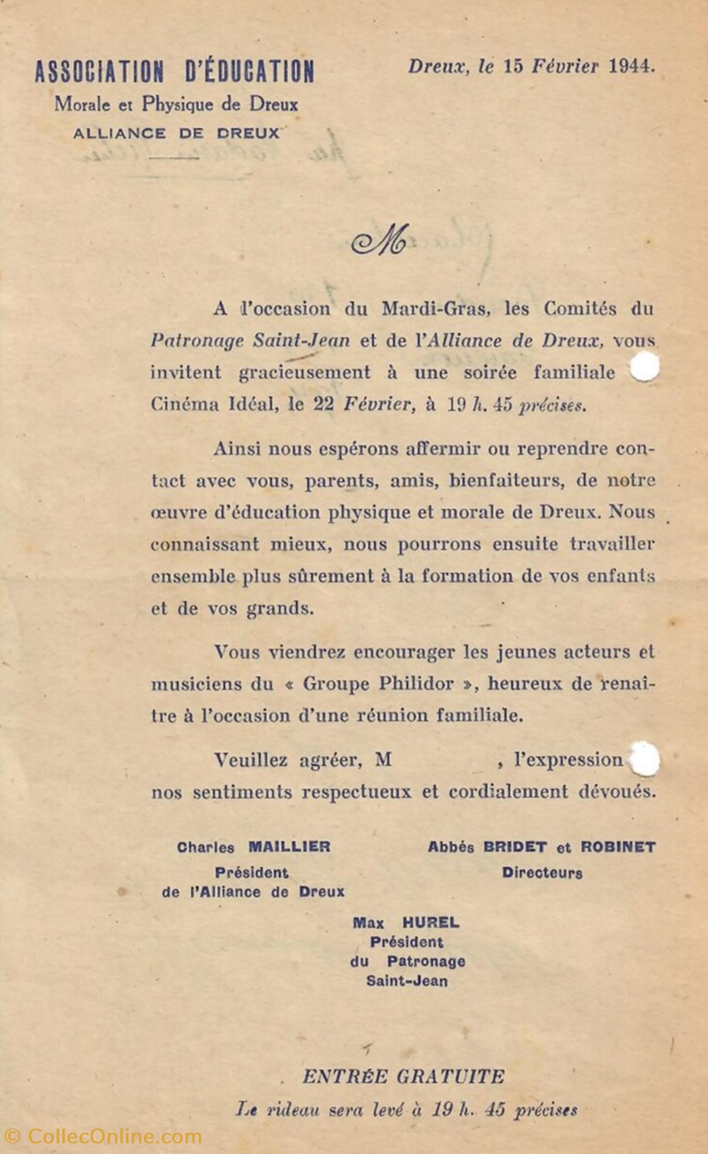 Lettre d'invitation de l'Association d'Éducation Morale et Physique de Dreux (Patronage Saint-Jean) documents anciens factures commerciaux lettre invitation de association education morale et physique de dreux patronage saint jean