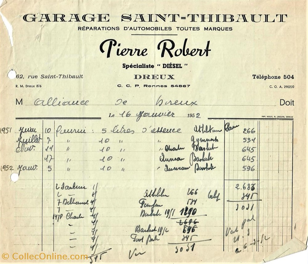 Garage Saint-Thibault Pierre Robert documents anciens factures commerciaux garage saint thibault pierre robert