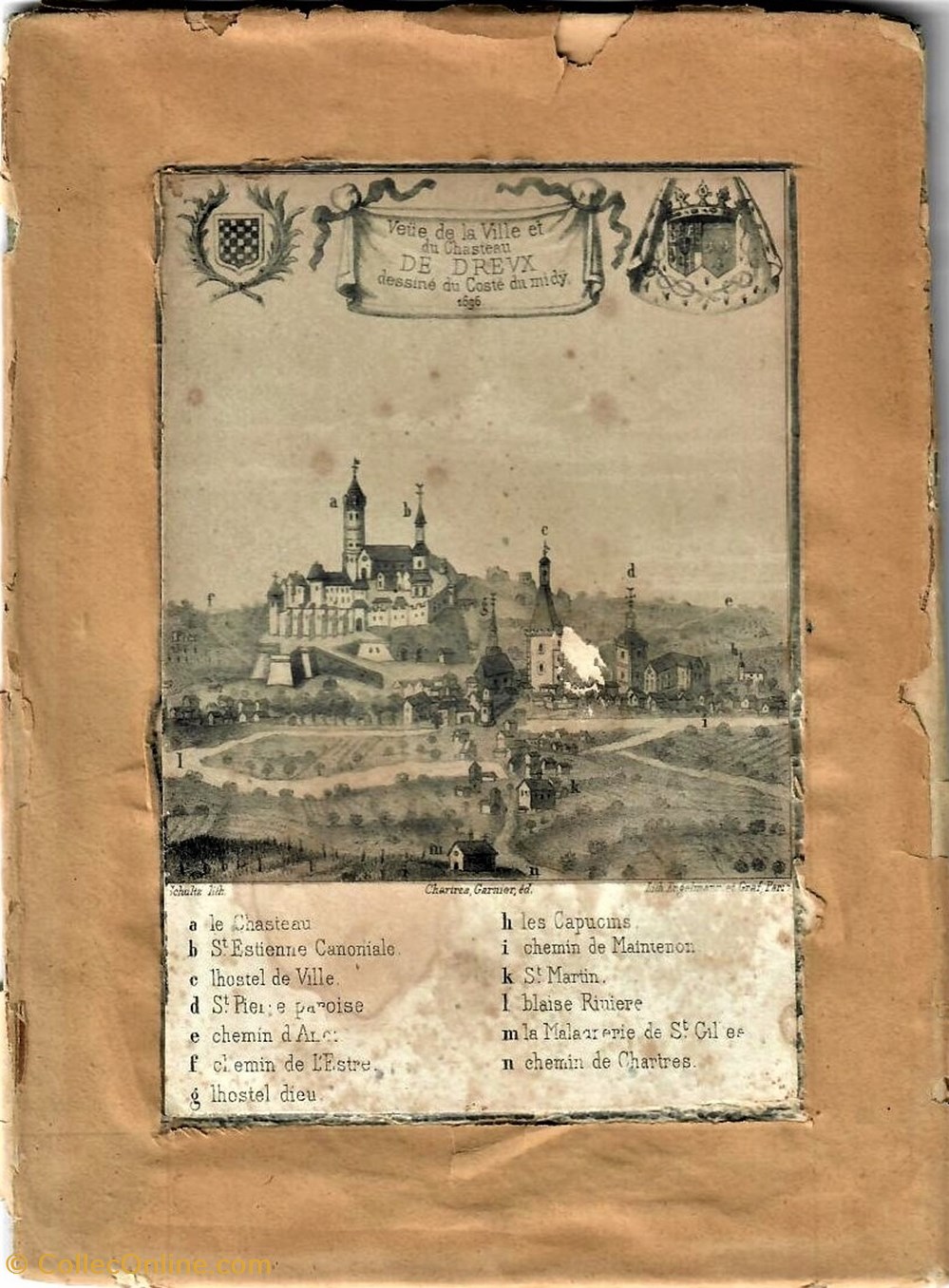 art antiquites estampes gravures veue due la ville et du chasteau de dreux dessine du coste du midy 1696