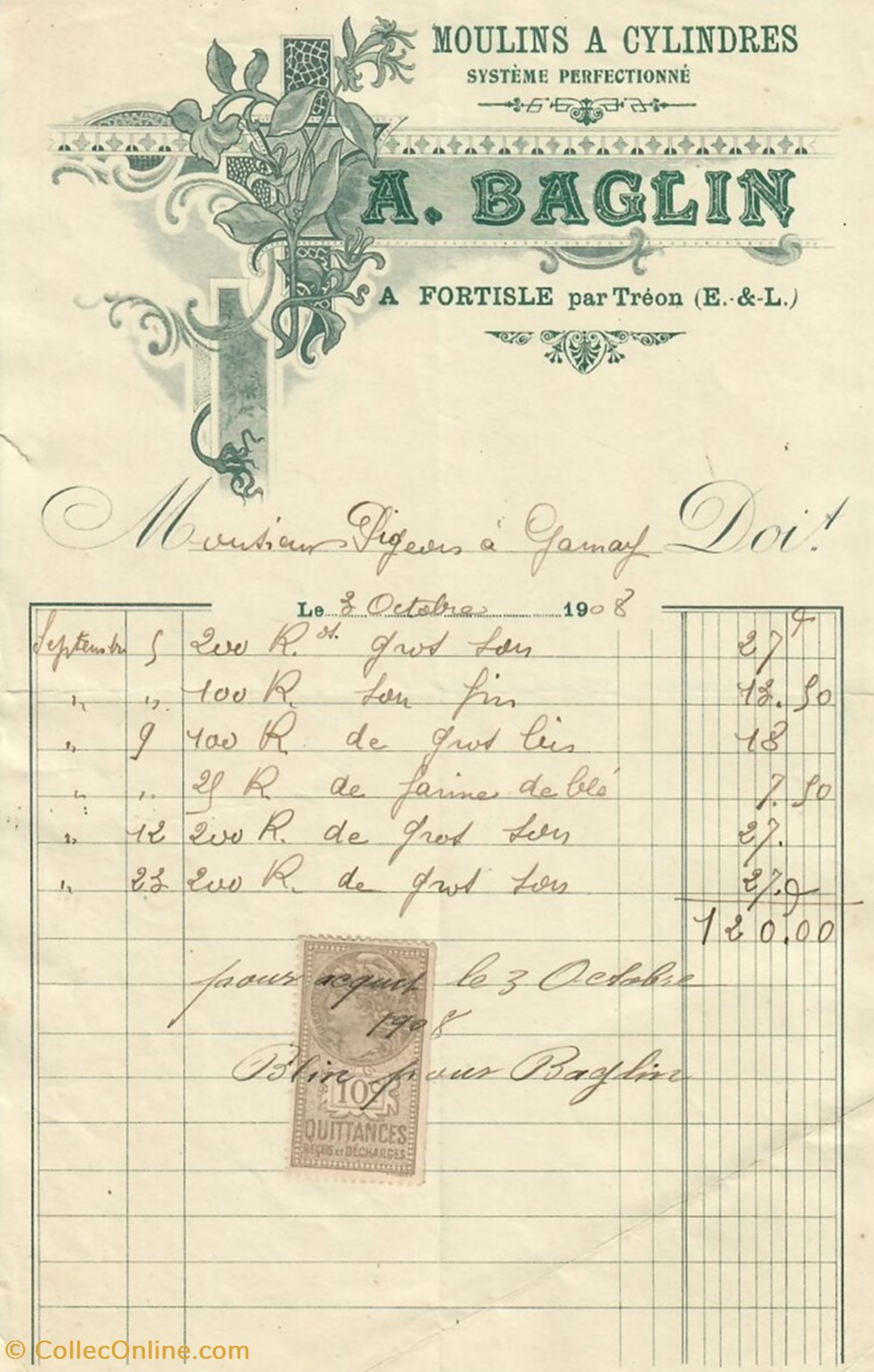 Moulins de Fortisles A. Baglin documents anciens factures commerciaux moulins de fortisles a baglin