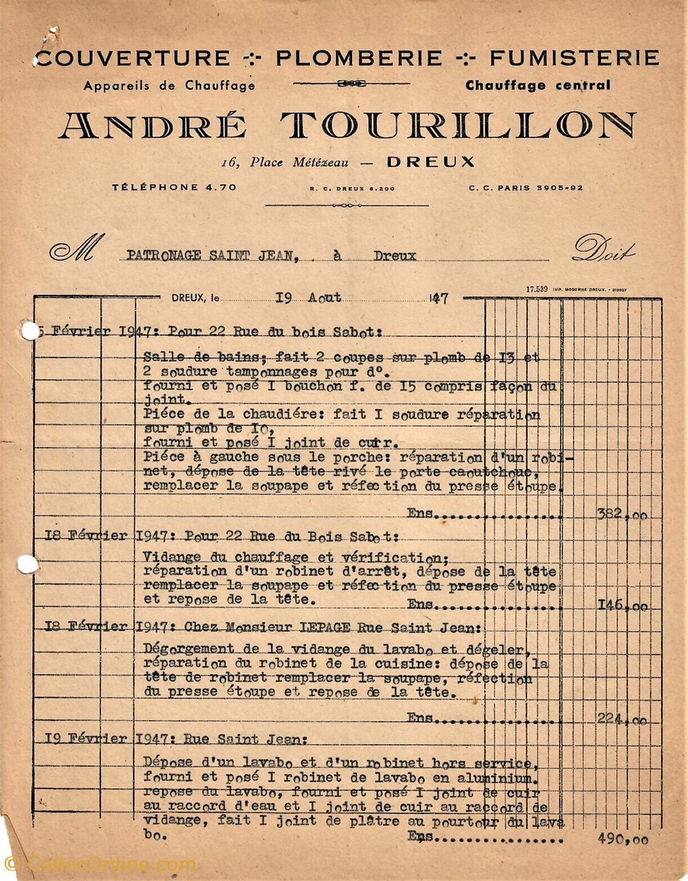 Couverture - Plomberie - Fumisterie André Tourillon documents anciens factures commerciaux couverture plomberie fumisterie andre tourillon