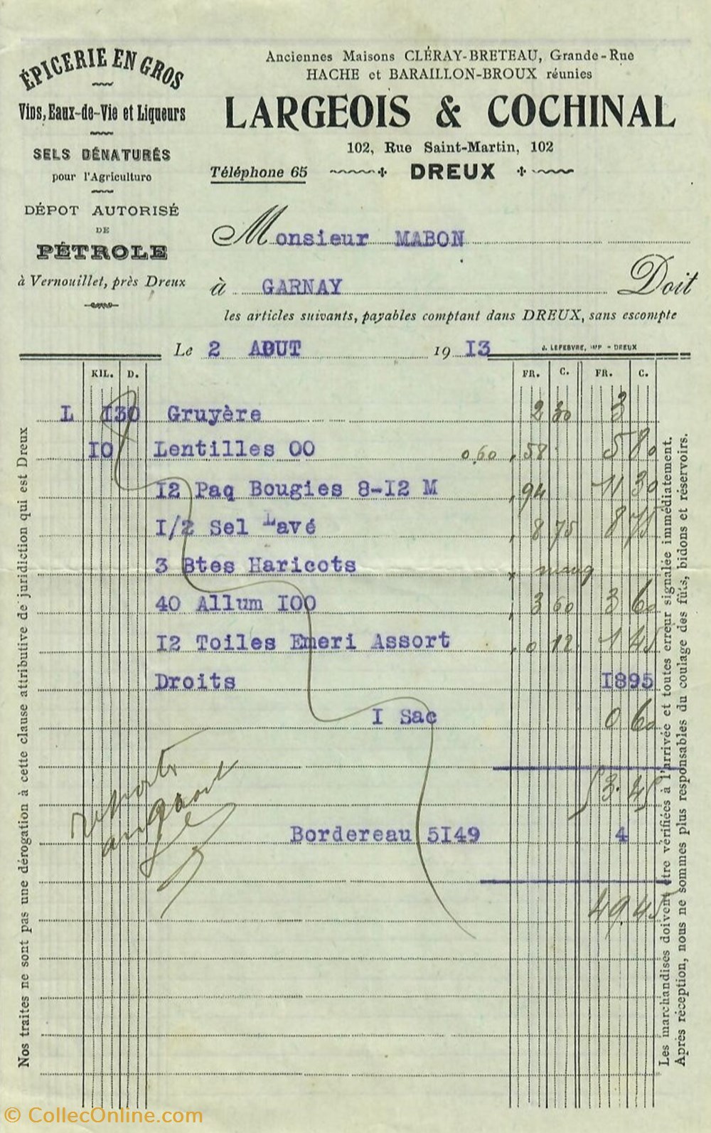 documents anciens factures commerciaux epicerie largeois cochinal