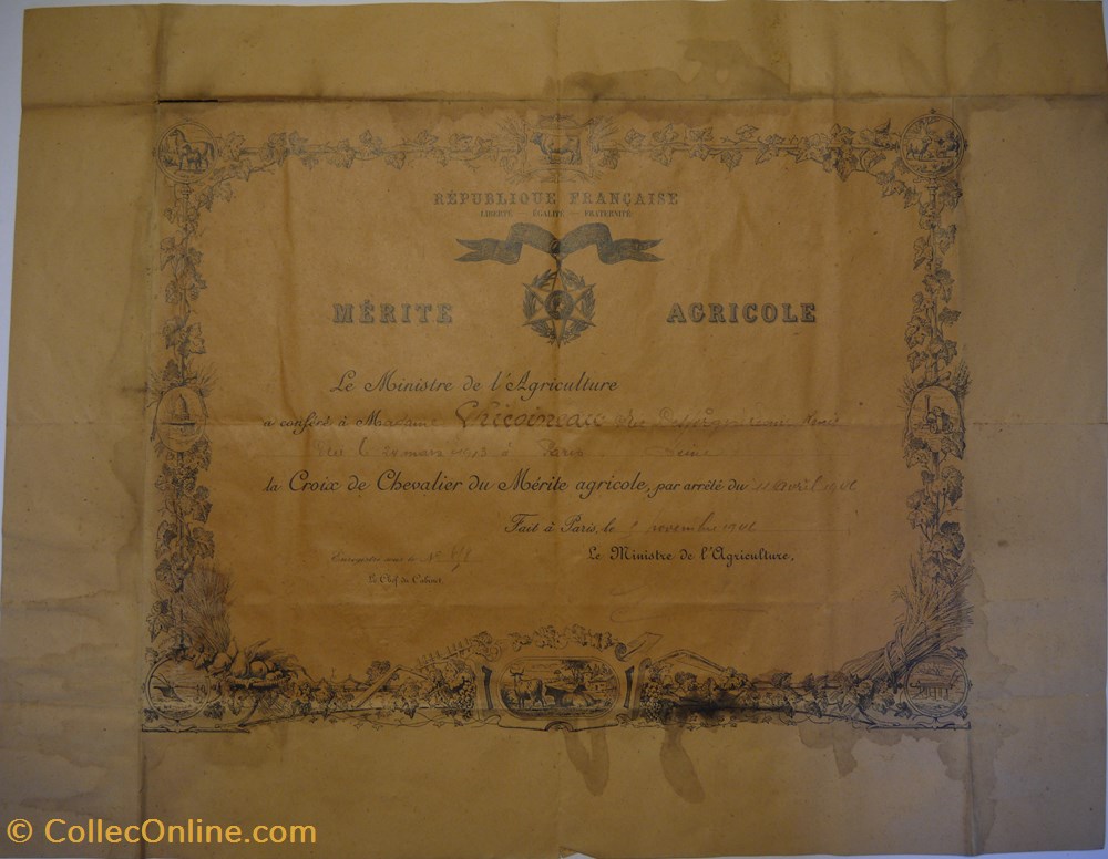 Croix de chevalier du Mérite agricole décernée à Mme Chicoineau documents anciens diplomes bulletins scolaires croix de chevalier du merite agricole decernee a mme chicoineau