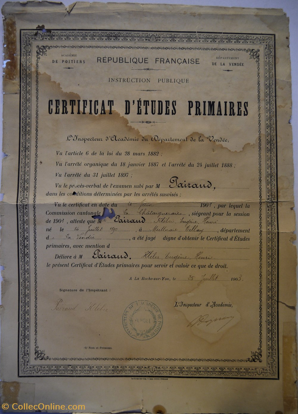 documents anciens diplomes bulletins scolaires certificat etudes primaires decerne a kleber eugene henri pairaud
