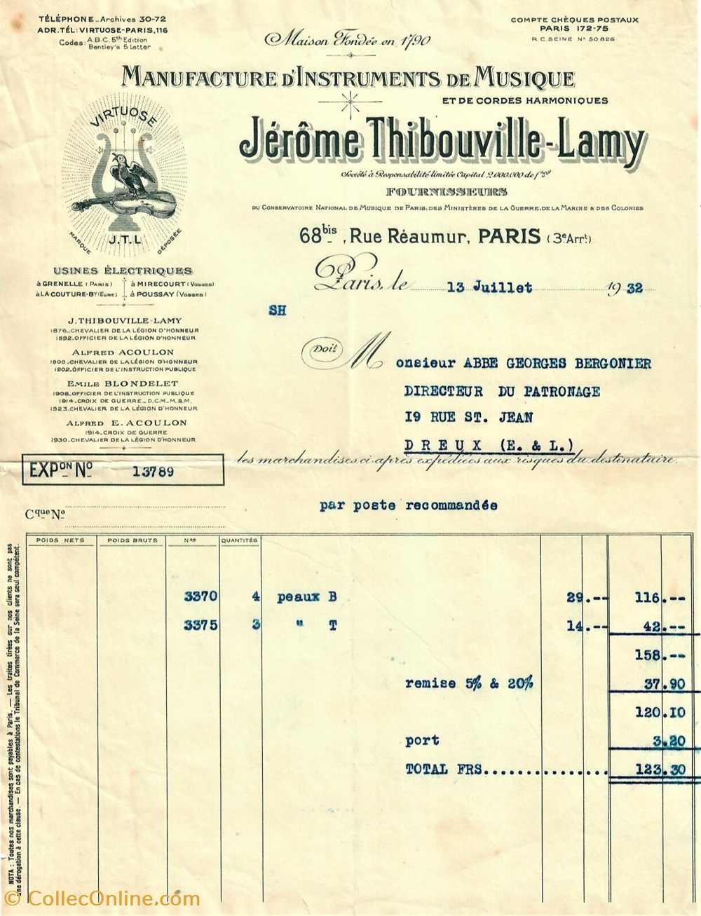 Manufacture d'Instruments de Musique Jérôme Thibouville-Lamy documents anciens factures commerciaux manufacture instruments de musique jerome thibouville lamy