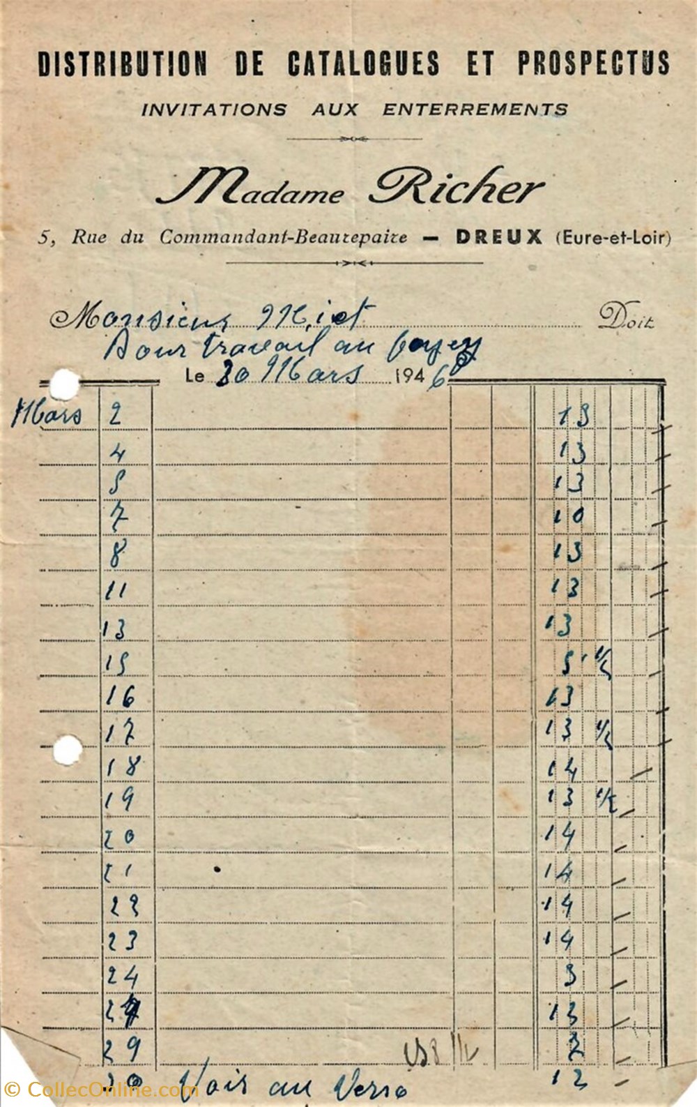 Distribution de Catalogues et Prospectus Madame Richer documents anciens factures commerciaux distribution de catalogues et prospectus madame richer