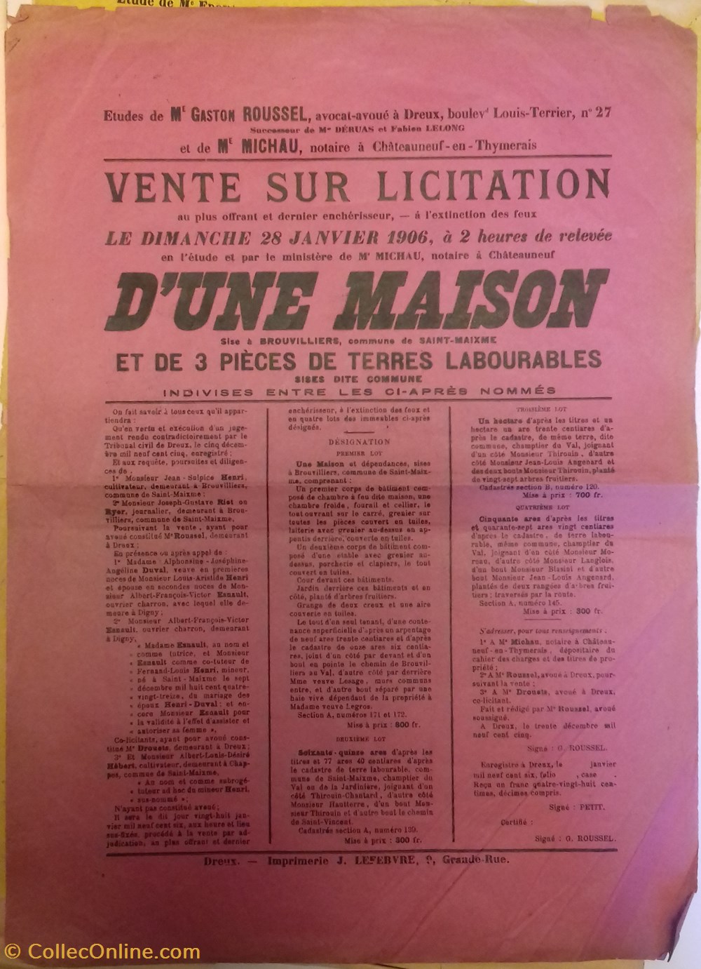 Vente d'une maison et de trois pièces de terre labourables documents anciens affiches institutionnelle vente une maison et de trois pieces de terre labourables