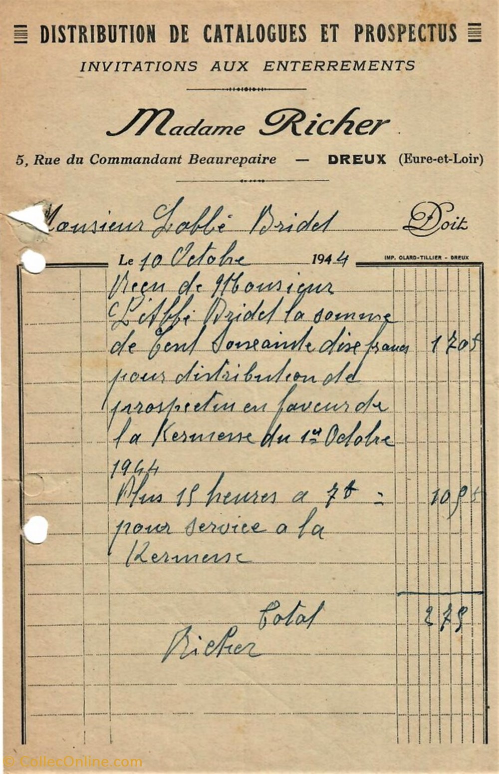 Distribution de Catalogues et Prospectus Madame Richer documents anciens factures commerciaux distribution de catalogues et prospectus madame richer