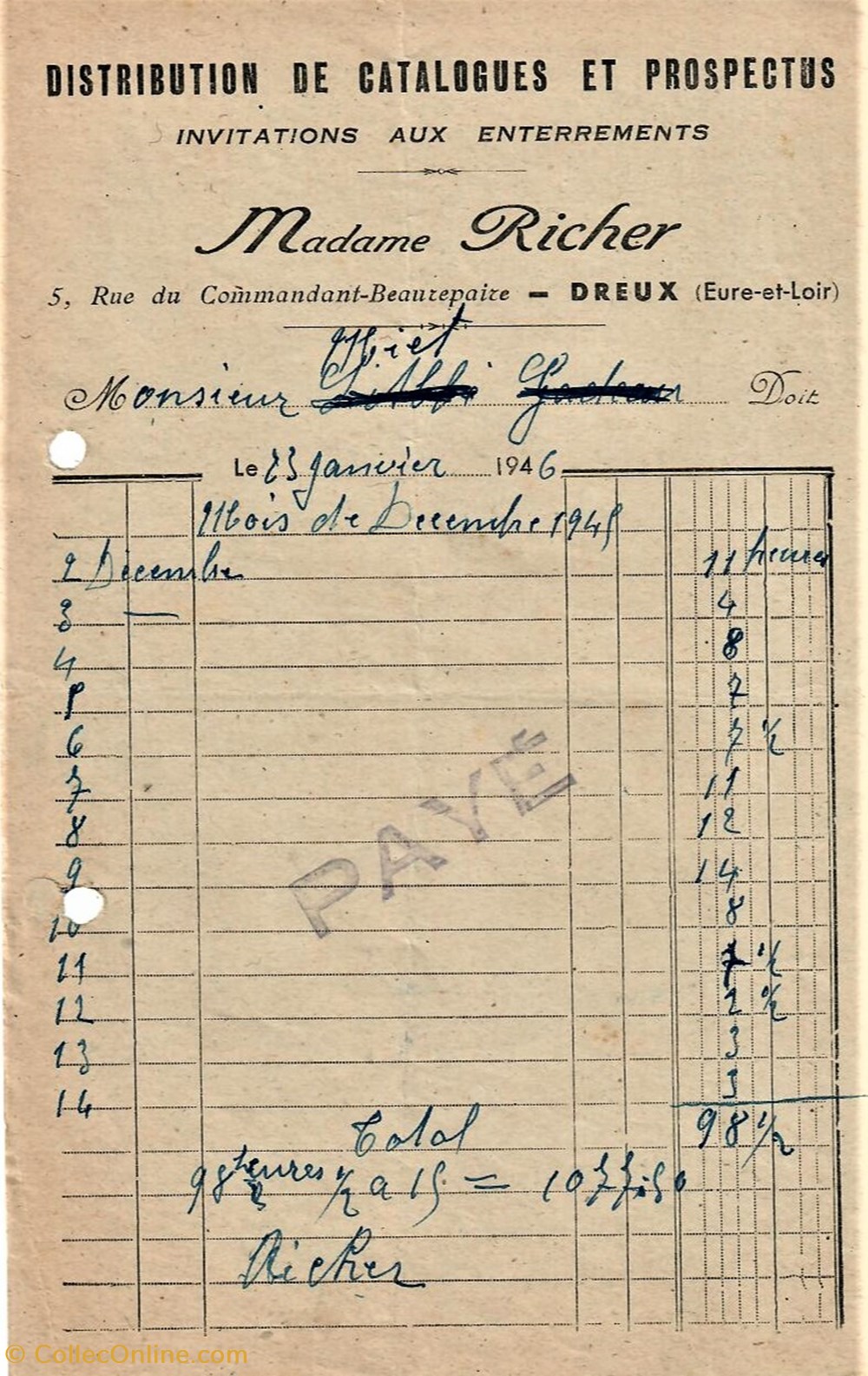 Distribution de Catalogues et Prospectus Madame Richer documents anciens factures commerciaux distribution de catalogues et prospectus madame richer