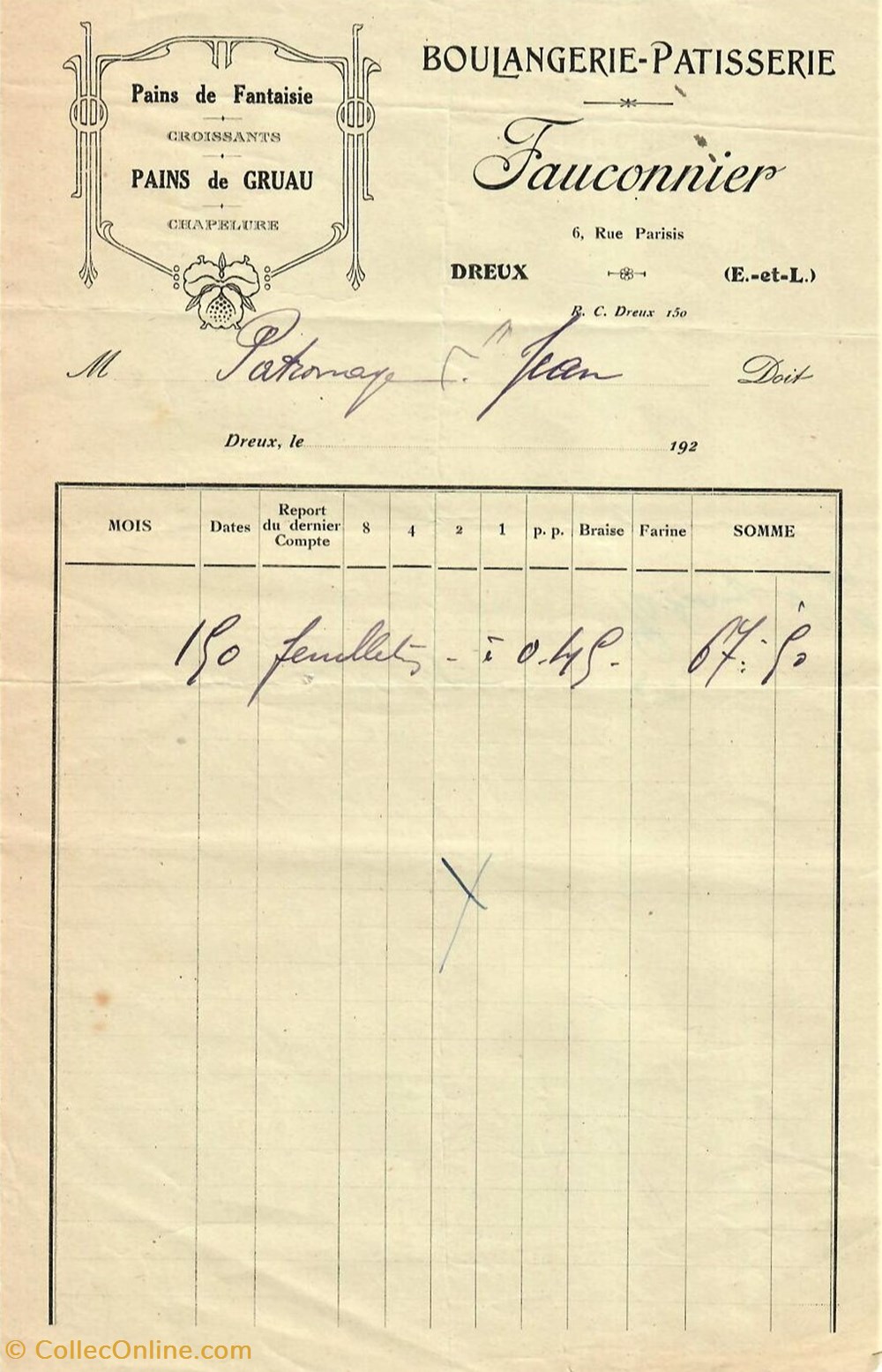 Boulangerie-Pâtisserie Fauconnier documents anciens factures commerciaux boulangerie patisserie fauconnier