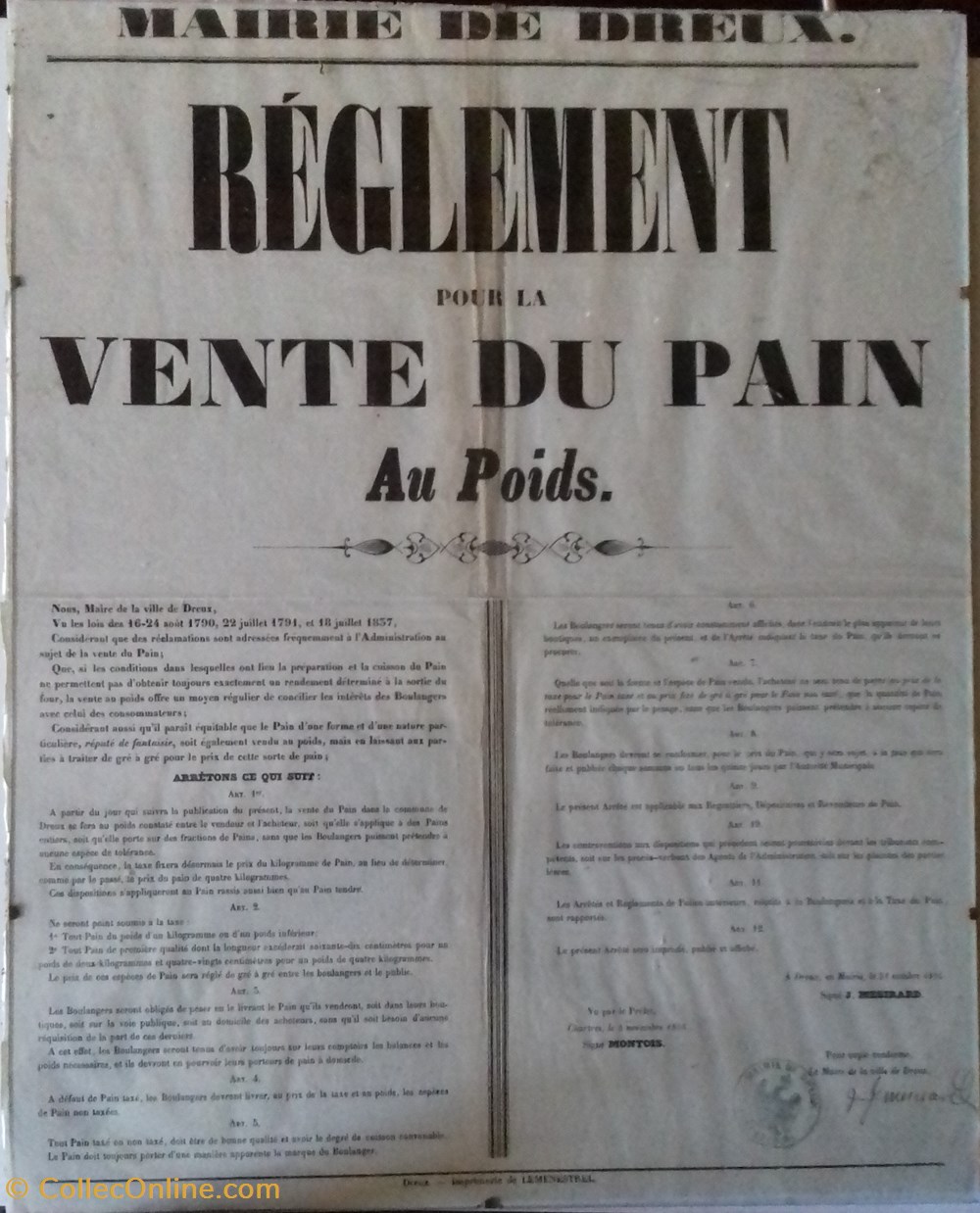 documents anciens affiches institutionnelle reglement pour la vente du pain