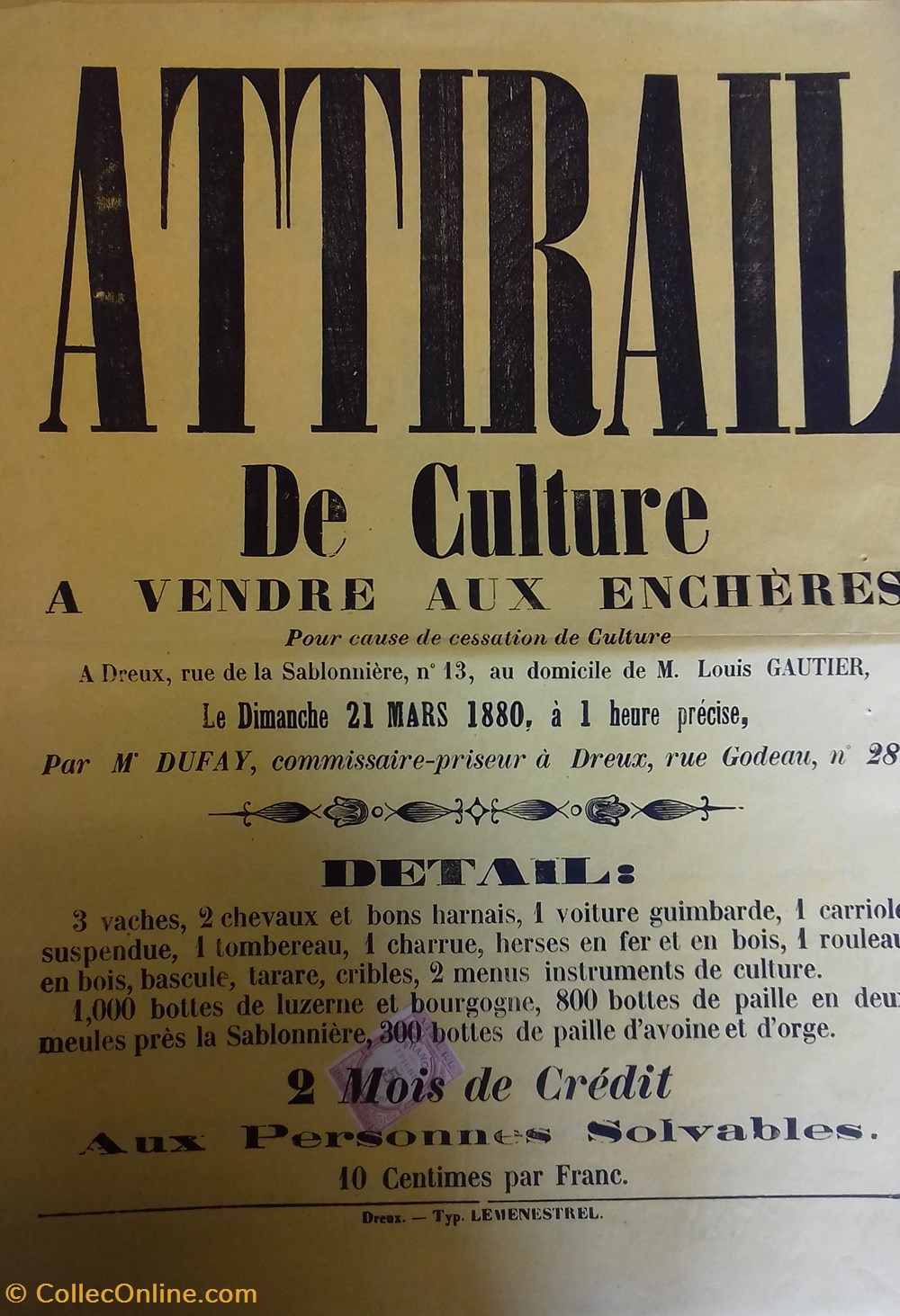 Vente d'attirail de culture documents anciens affiches institutionnelle vente attirail de culture