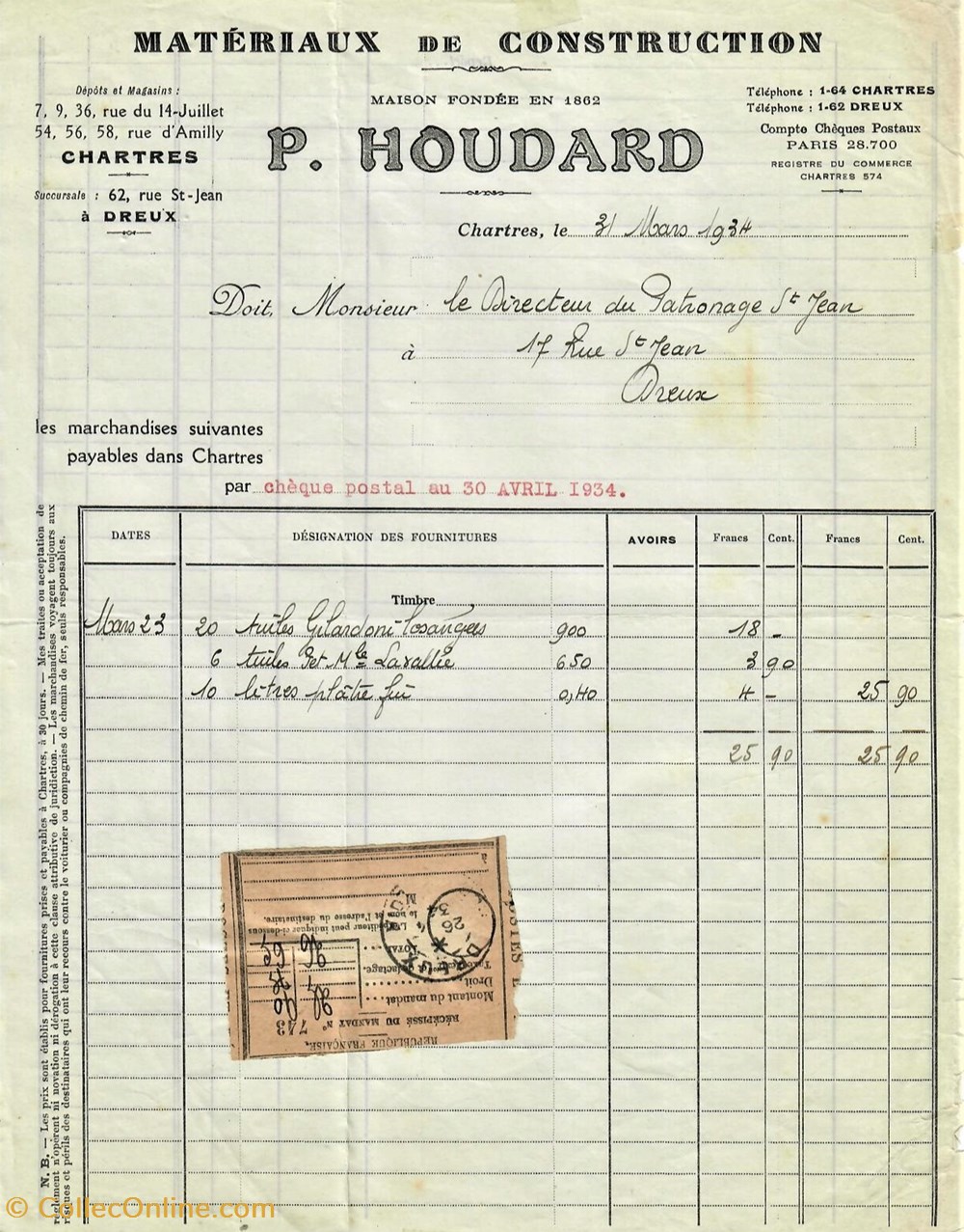 Matériaux de construction P. Houdard documents anciens factures commerciaux materiaux de construction p houdard
