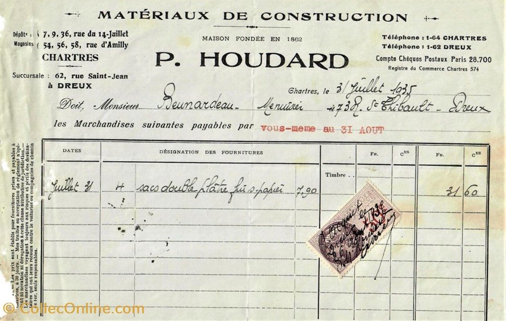 Matériaux de construction P. Houdard documents anciens factures commerciaux materiaux de construction p houdard