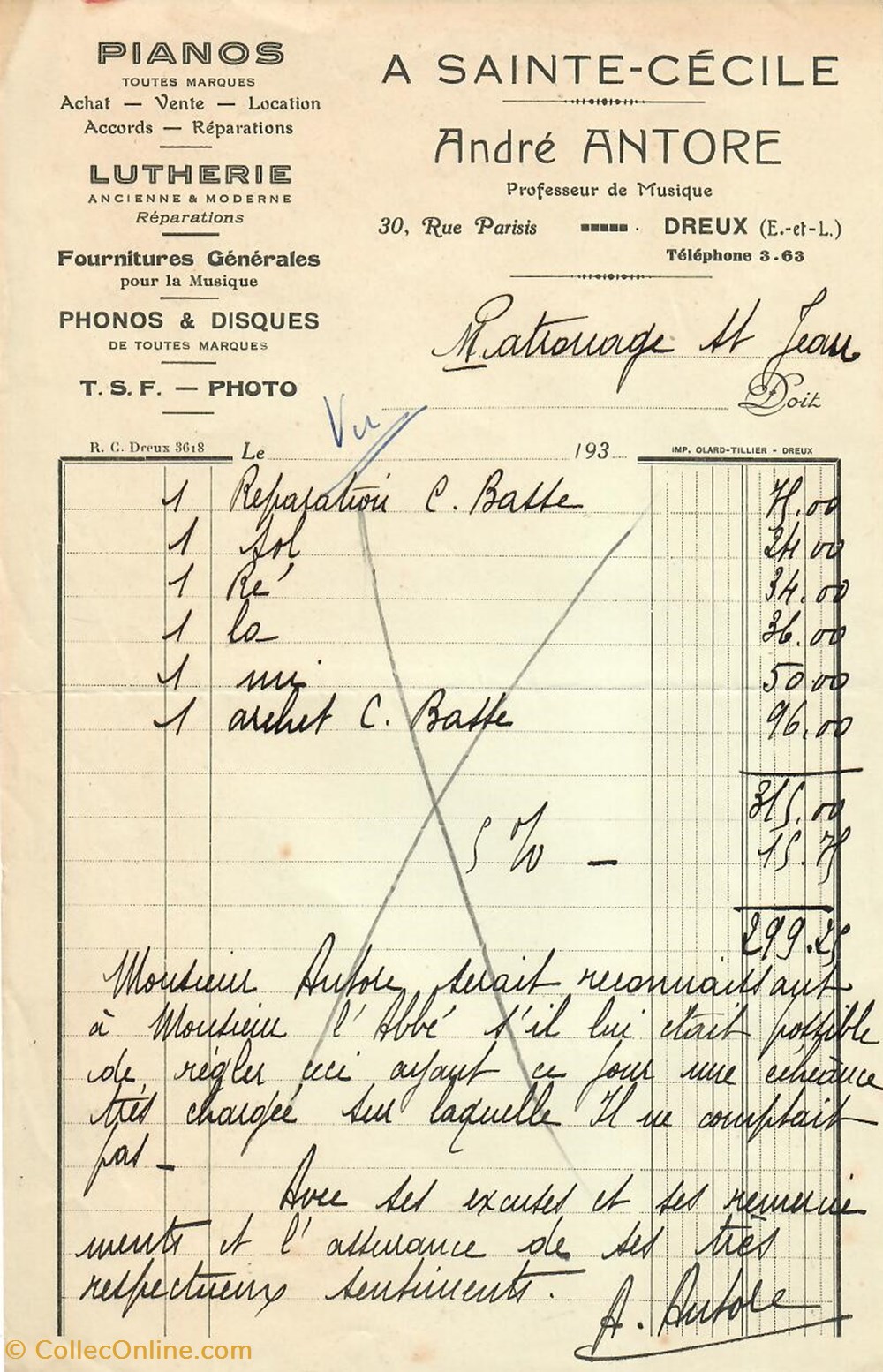 Lutherie André Antore documents anciens factures commerciaux lutherie andre antore