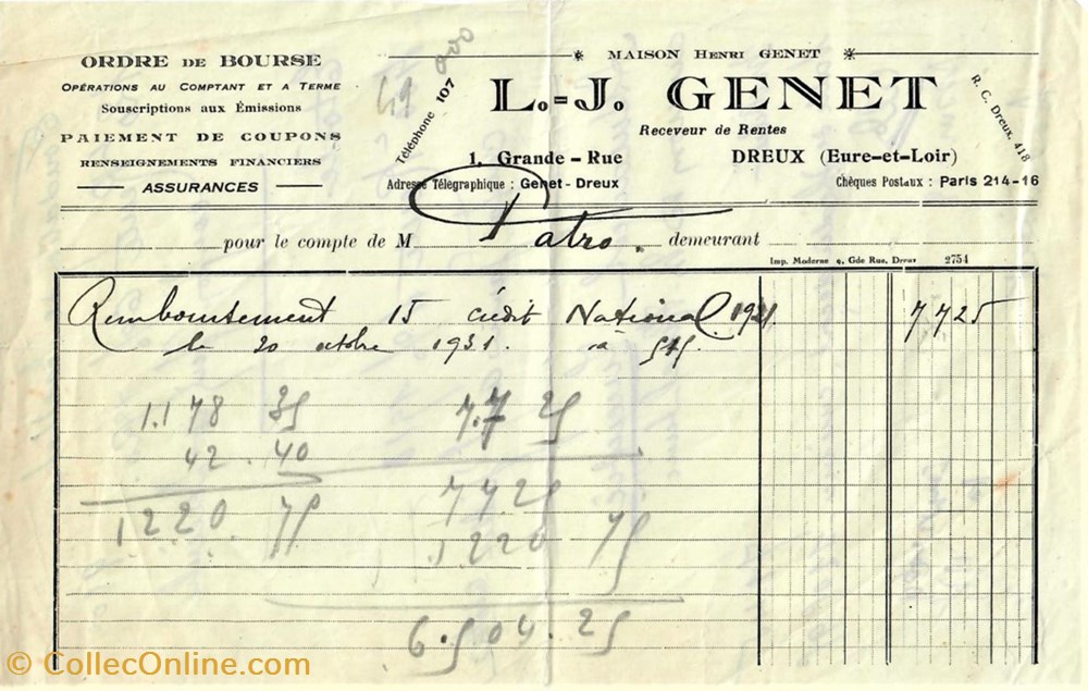 Assurances L.-J. Genet documents anciens factures commerciaux assurances l j genet