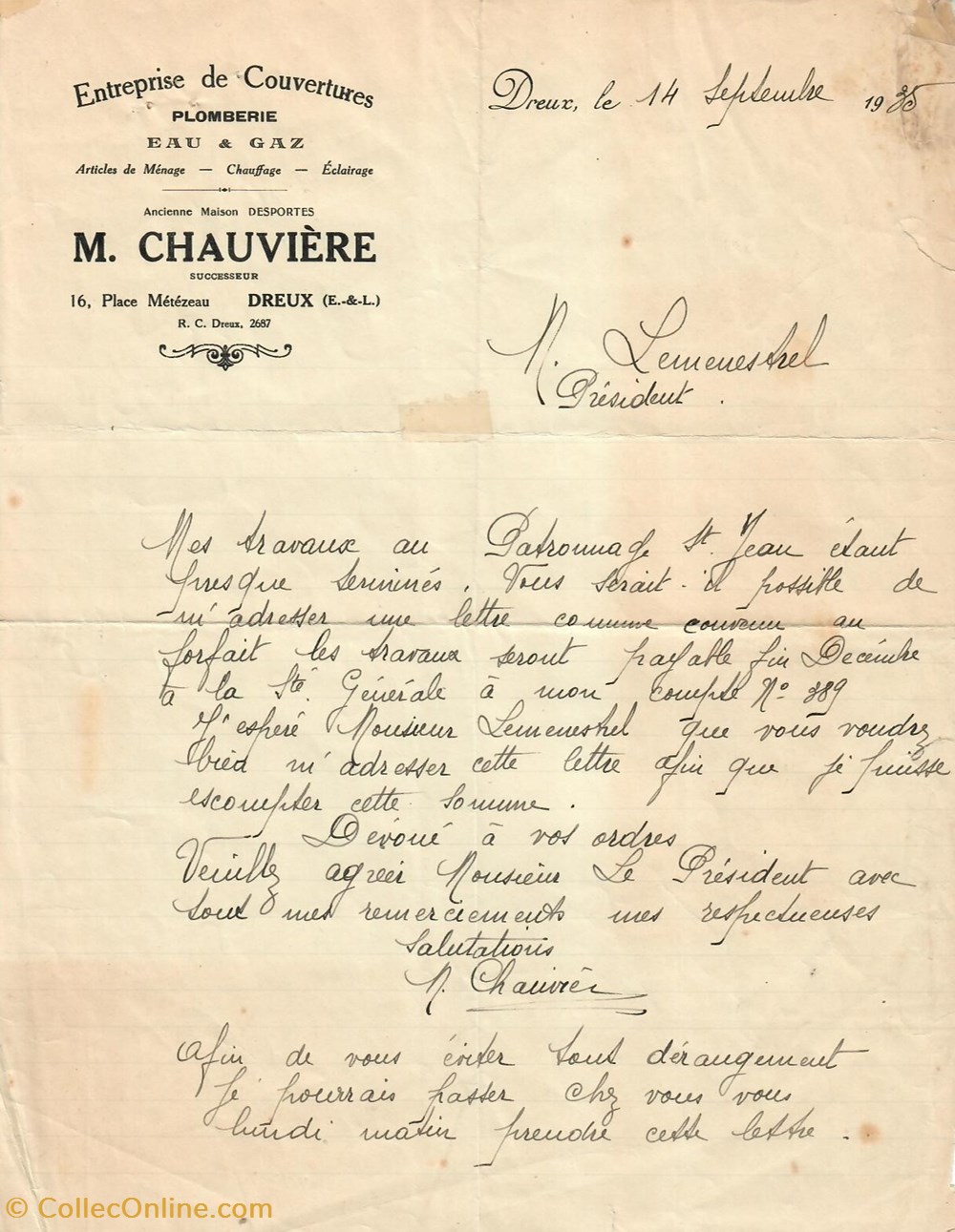 Lettre de forfait de l'Entreprise de Couvertures M. Chauvière documents anciens factures commerciaux lettre de forfait de entreprise de couvertures m chauviere