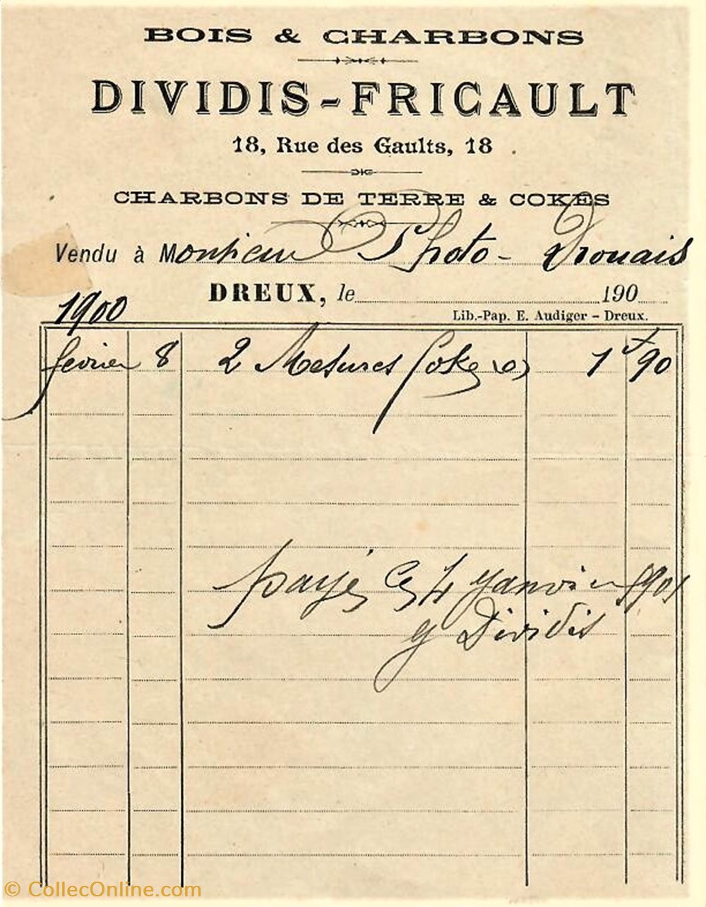 documents anciens factures commerciaux bois charbons dividis fricault