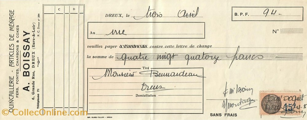 documents anciens factures commerciaux mandat des etablissements boissay