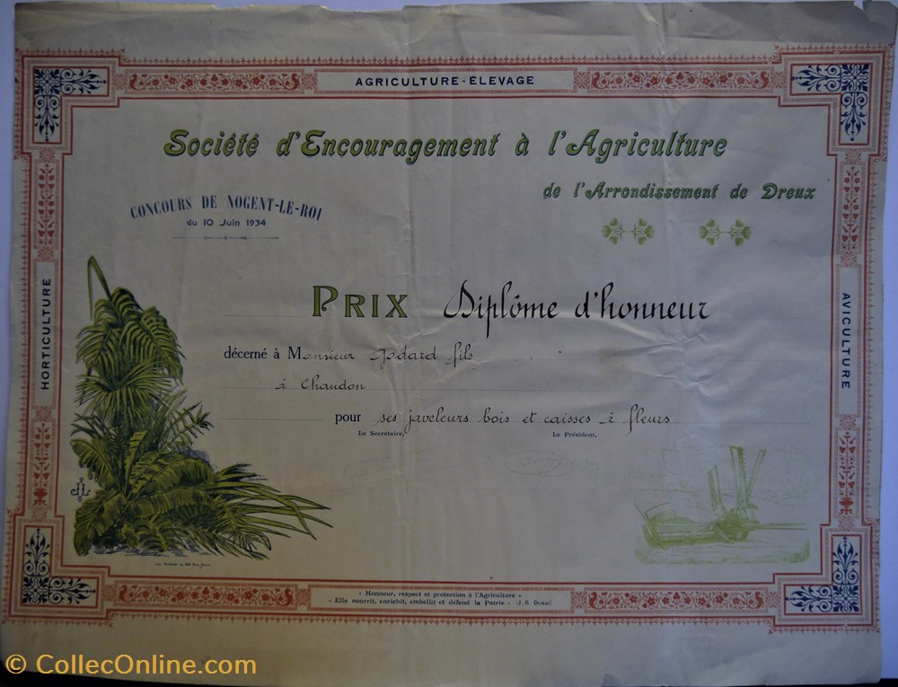 Diplôme d'honneur de la Société d'Encouragement à l'Agriculture de Dreux décerné à Mr Godard documents anciens diplomes bulletins scolaires diplome honneur de la societe encouragement a agriculture de dreux decerne a mr godard