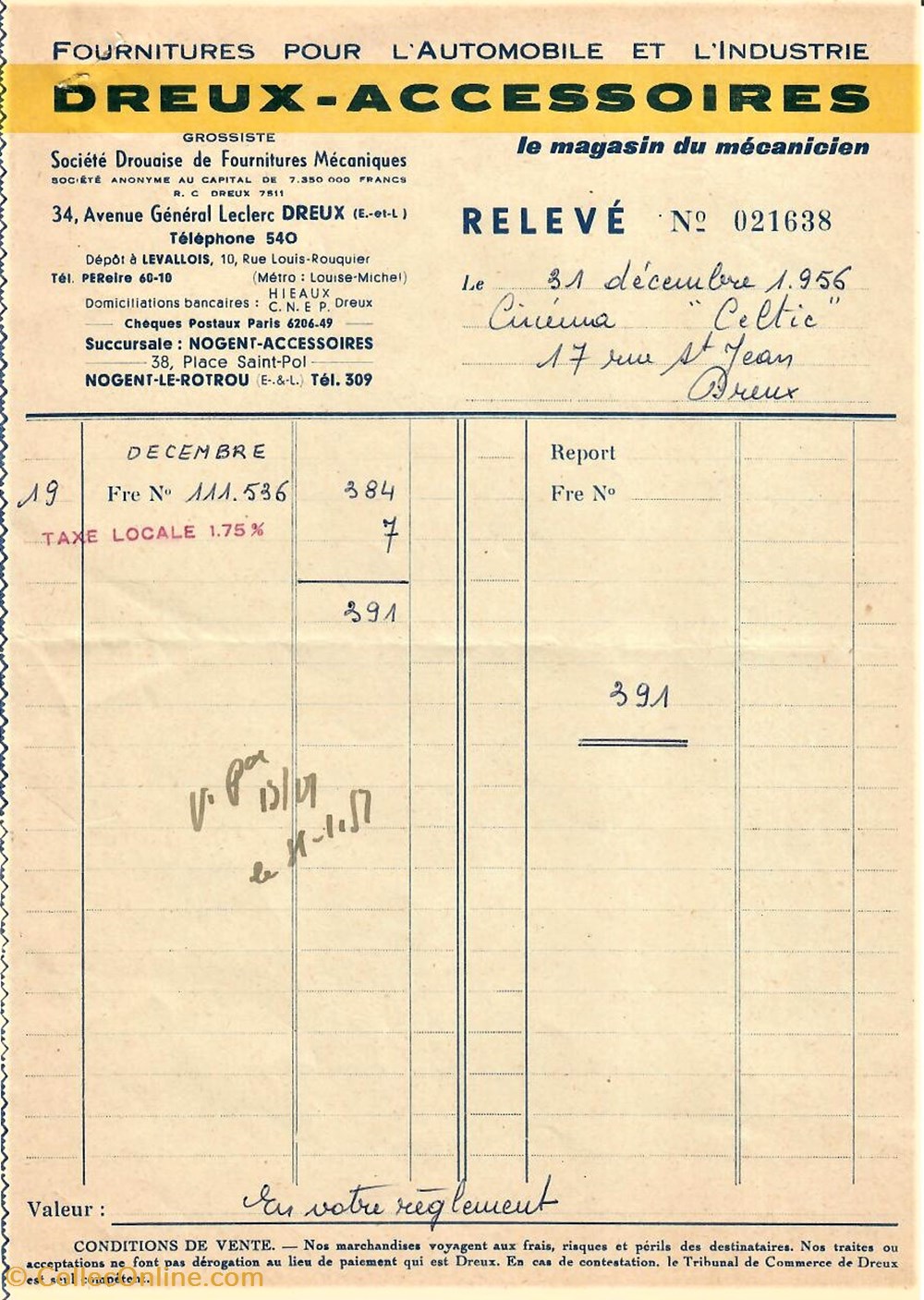 documents anciens factures commerciaux fournitures mecaniques dreux accessoires