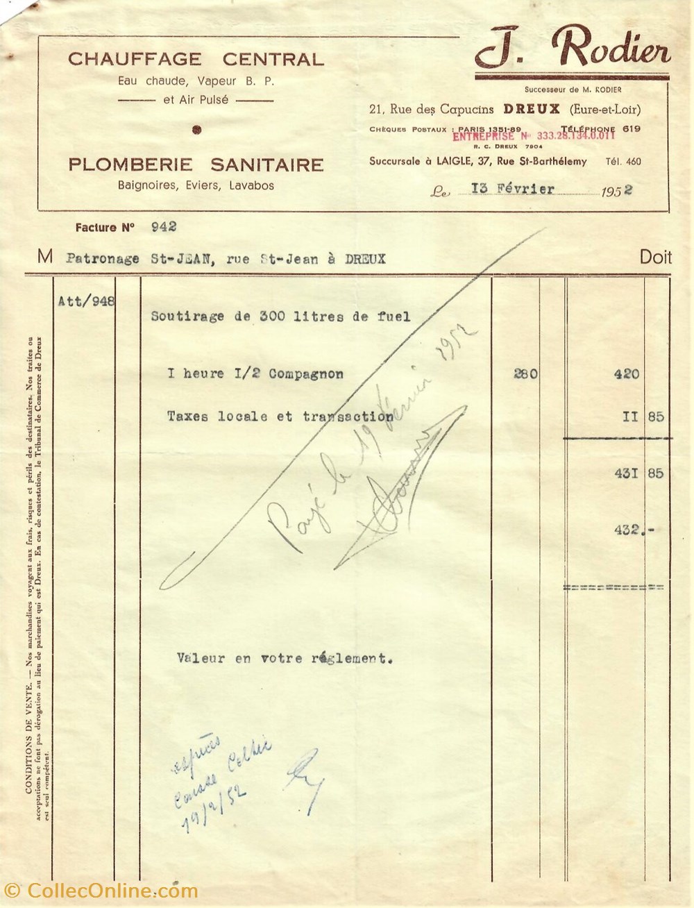 Chauffagerie - Plomberie J. Rodin documents anciens factures commerciaux chauffagerie plomberie j rodin