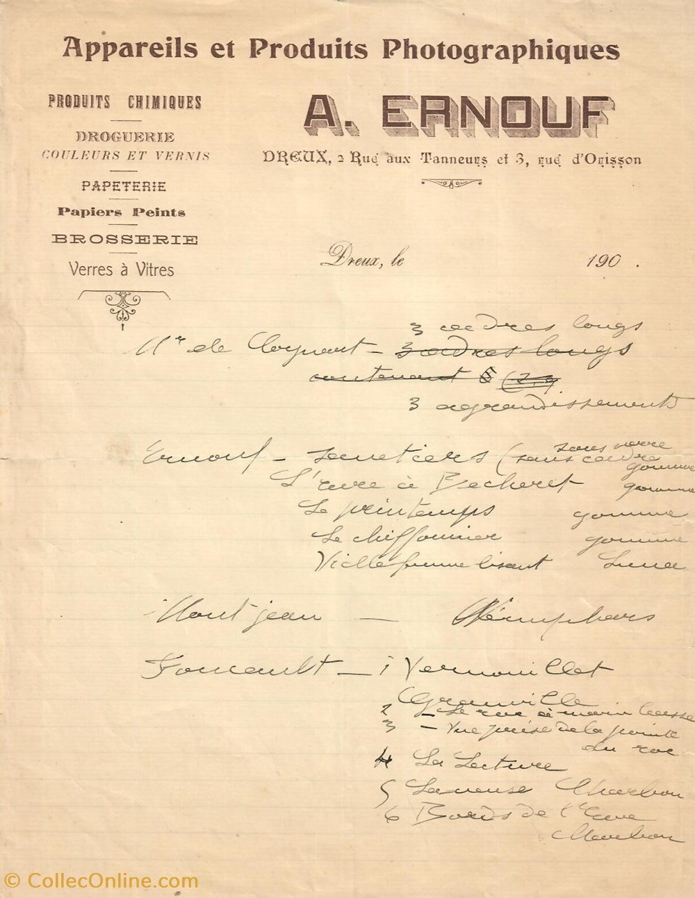 Lettre de l'entreprise d'Appareils et Produits Photographiques A. Ernouf documents anciens factures commerciaux lettre de entreprise appareils et produits photographiques a ernouf