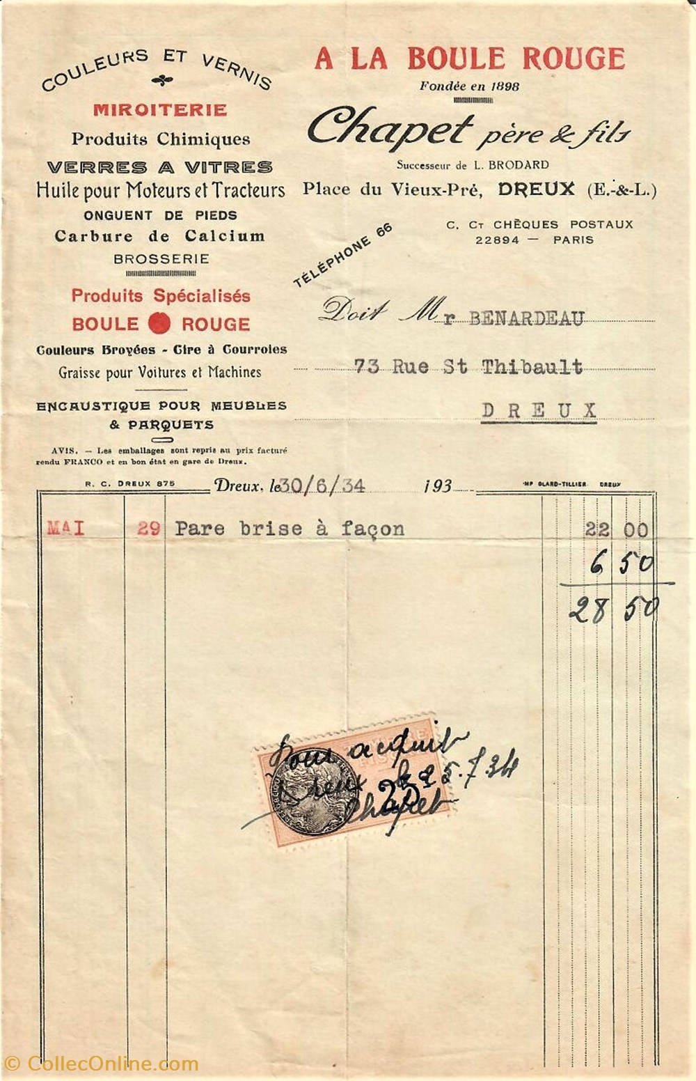 documents anciens factures commerciaux miroiterie a la boule rouge