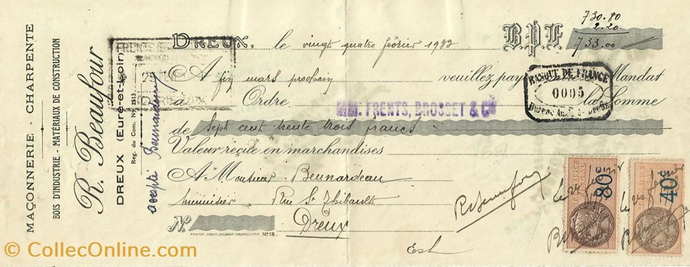 Mandat de la Maçonnerie R. Beaufour documents anciens factures commerciaux mandat de la maconnerie r beaufour