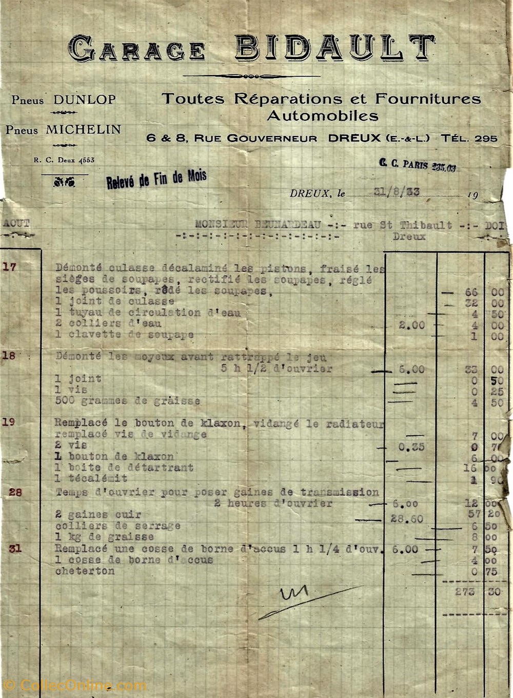 Garage Bidault documents anciens factures commerciaux garage bidault