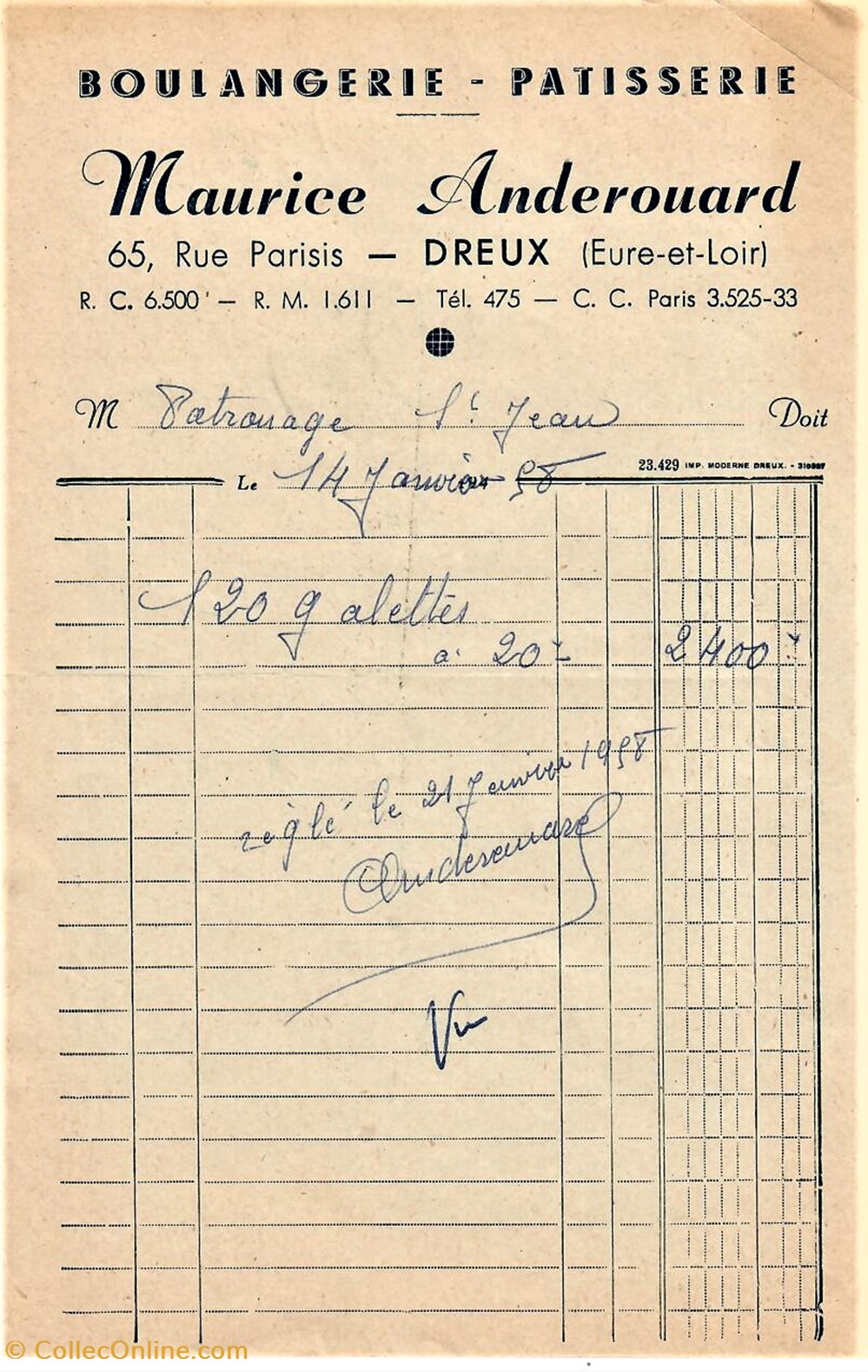 Boulangerie-Pâtisserie Maurice Anderouard documents anciens factures commerciaux boulangerie patisserie maurice anderouard